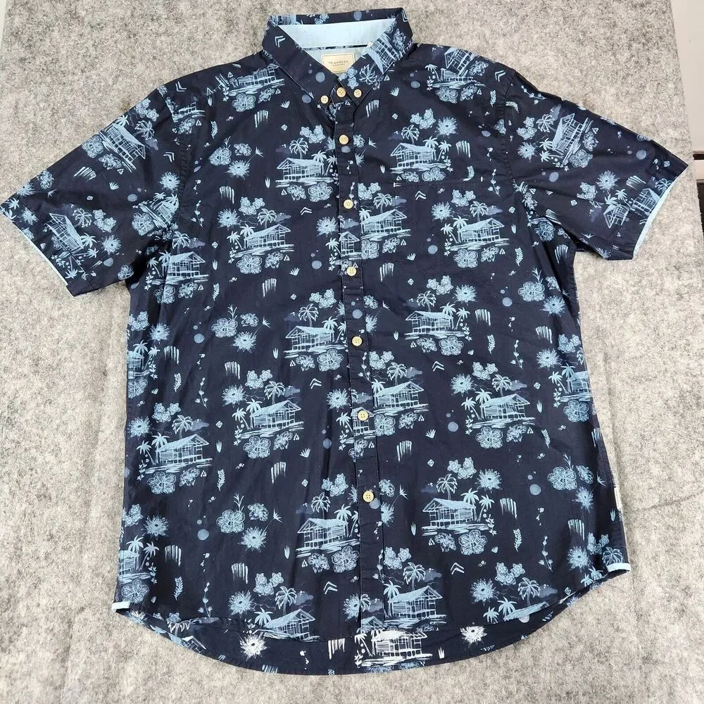 7 Diamonds Shirt Mens XL Blue Lake House Floral All Over Print Palms‎ La Villa